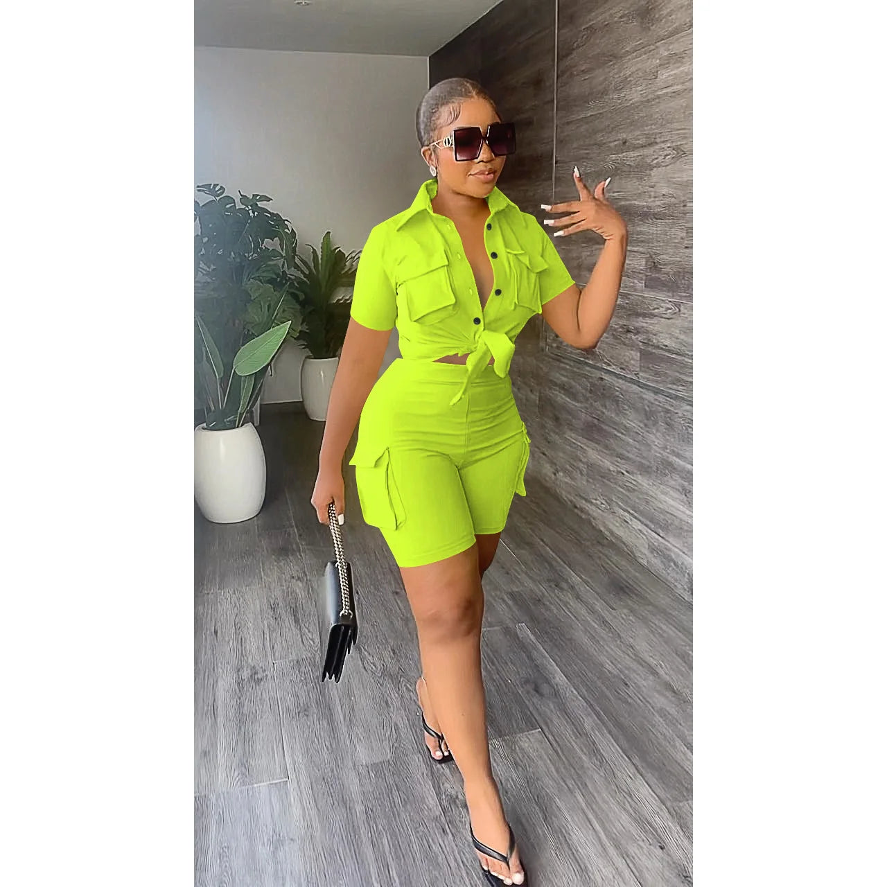 Women Two Piece Shorts Set Outifit Summer Fashion Solid Turn-Down Collar Short Sleeve Shirts Top & Casual Pocket Streetwear Sets