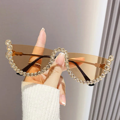 Luxusmarke Designer Diamant Halbrahmen Sonnenbrille Damen Für Weibliche Vintage Fashion Sonnenbrillen Punk Strass Kristall Metall