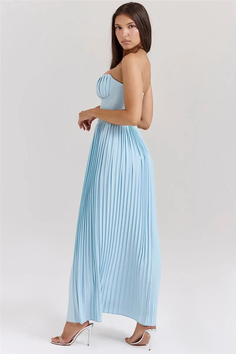 Mozision schulterfreies, rückenfreies, plissiertes Maxikleid für Damen, modisch, trägerlos, ärmellos, hohe Taille, eng anliegend, sexy, langes Kleid