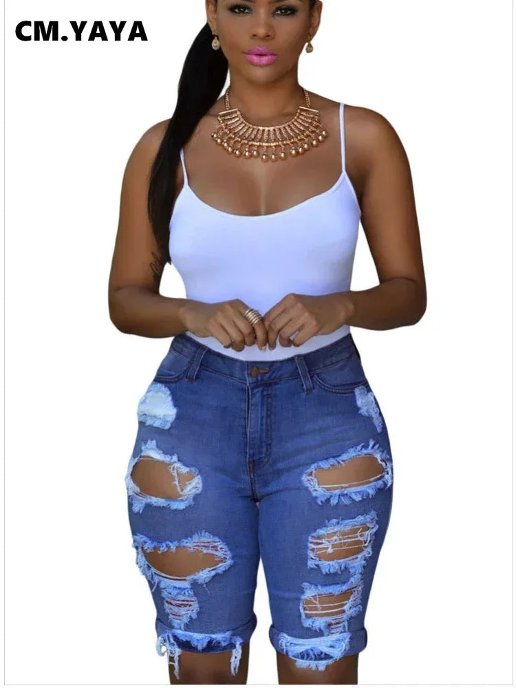 CM.YAYA Women New Winter Hole Ripped High Waist Casual Zipper Fly Knee Length Jeans High Streetwear Denim Shorts Fashion Pants