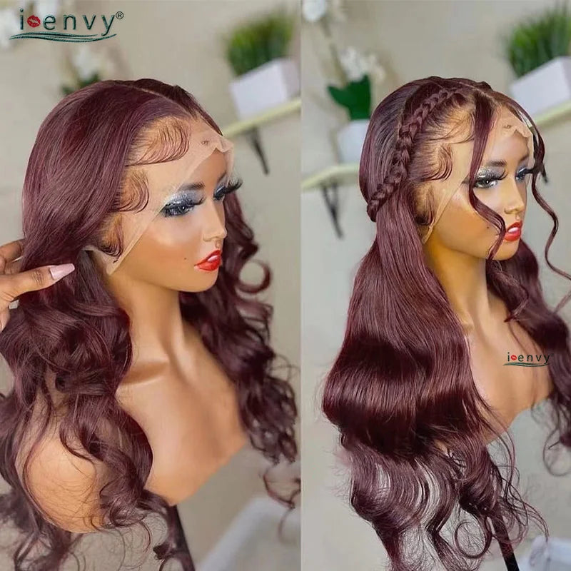 13X4 HD Transparente Lace Front Perücken Burgunderrote Echthaarperücken Vorgezupft 30 Zoll Body Wave Lace Front Perücken für Frauen Gelockt
