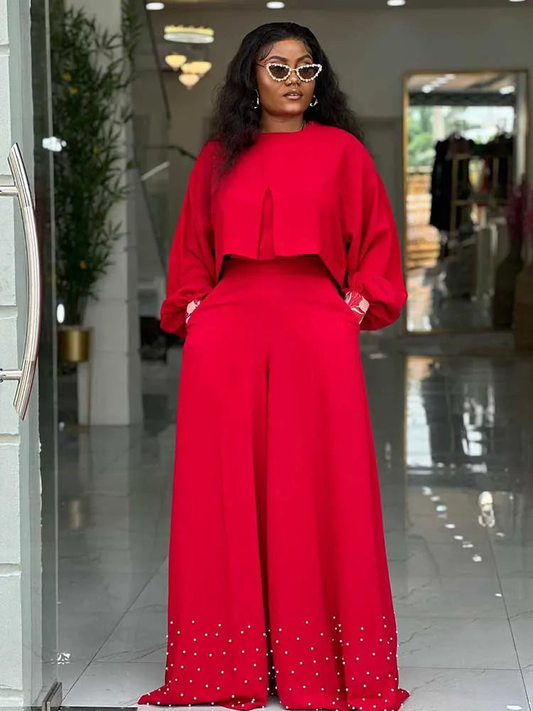 Frühlingskleidung für Damen, 2-teilige Sets Damen-Outfit, Laternenärmel-Anzug mit weiter Hose und Top, High Street Elegante Damen-Sets