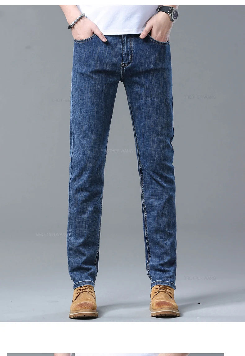 Frühlings Herren Hellblaue Slim Jeans Stylische Lässige Stretch Denim Hose Klassische Chinohose Rauchgrau