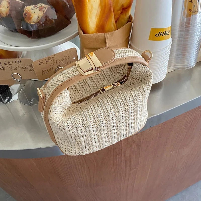 Yogodlns Summer Small Straw Handbag Trendy Shoulder Bag Woven Bucket Crossbody Bag Casual Seaside Beach Bag Gilrs Handle Tote