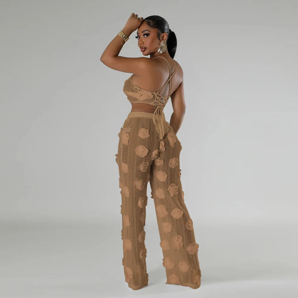 Women Two Piece Pant Sets Sexy Hollow Out Vest Sleeveless Tanks Tops Splice Long Pants Drawstring Streetwear Summer 2025
