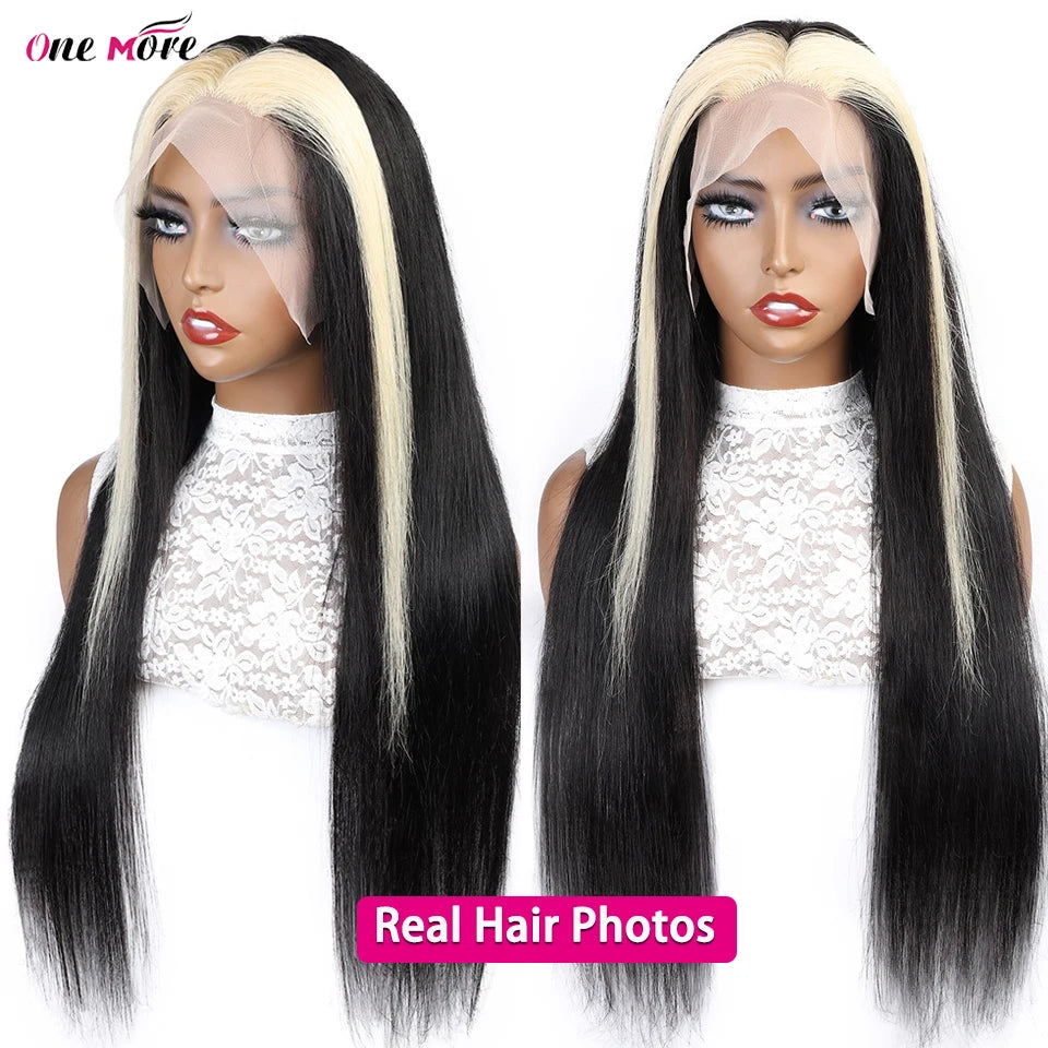 Stinktierstreifen Echthaarperücke 1B/613 Highlight Blond Glatt Lace Front Perücke 13x4 Farbige Lace Front Echthaarperücken 250 Dichte