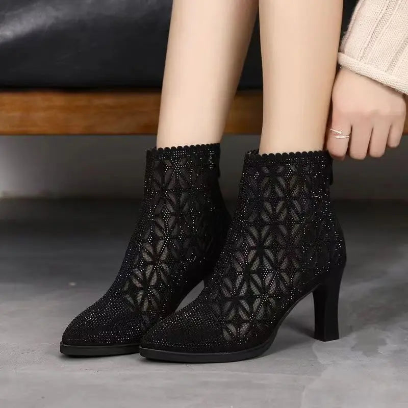 Rubber Soled Women's Dance Boots 6 Cm High Heel Black Shoes Summer Breathable Pointed Mesh Top Jazz Latin Modern Dance Shoes