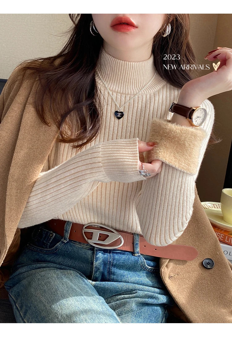 Damen Rollkragenpullover Winter 2025 Retro Rot mit Samtfutter Verdickter Innerer Thermostrickboden