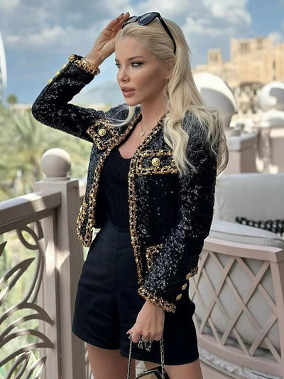 Fashion 2024 Designer Women's Gold Chains Sequined Jacket Coat Outfit Spring