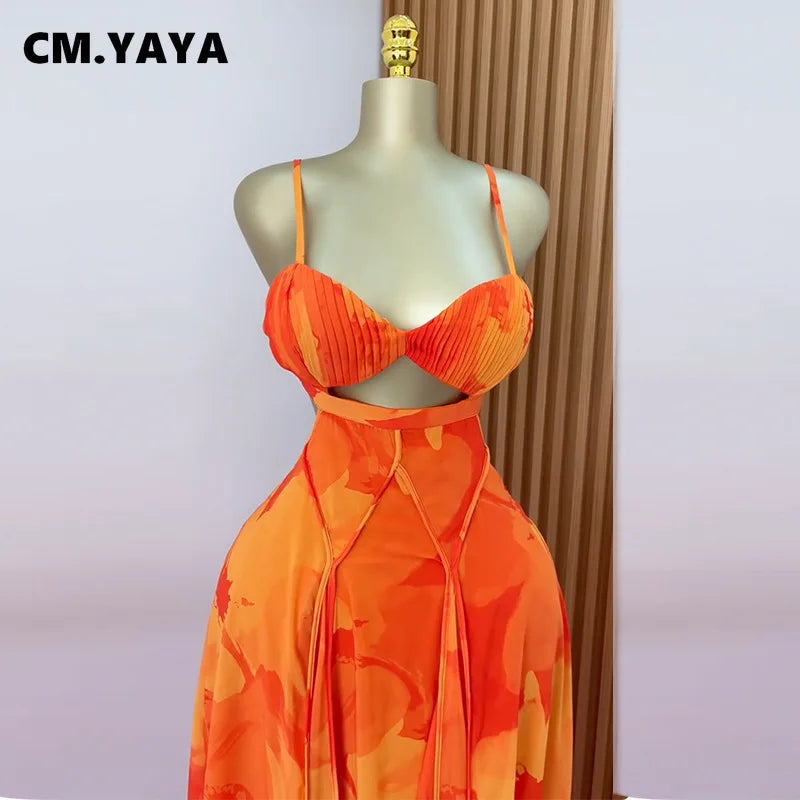 CM.YAYA Damen Blumenmuster Trägerloser Rückenfreier BH Vorne Großes Swing Maxi Langes Kleid 2025 Vintage Sexy Club Party Abendkleider