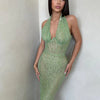 Sexy Neckholder Maxikleid mit tiefem V-Ausschnitt, Pailletten, Damen, Grün, Ärmellos, Rückenfrei, Pailletten, Schlankes langes Kleid, Celebrity Partykleider
