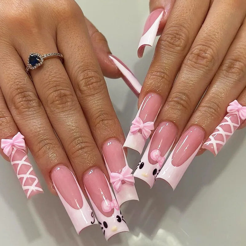 24 Stk. lange Ballett French Press-on-Nägel mit niedlicher rosa Schleife, glänzendem Diamant-Dekor, falsche Nagelspitzen, tragbare süße koreanische künstliche Nägel