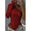 2025 Spice Girls Sexy Pailletten-Top, One-Shoulder, eng anliegend, mit Strasssteinen, einfarbig, Silber, einteilig, Mode, Party, Nachtclub, Sommer-Top