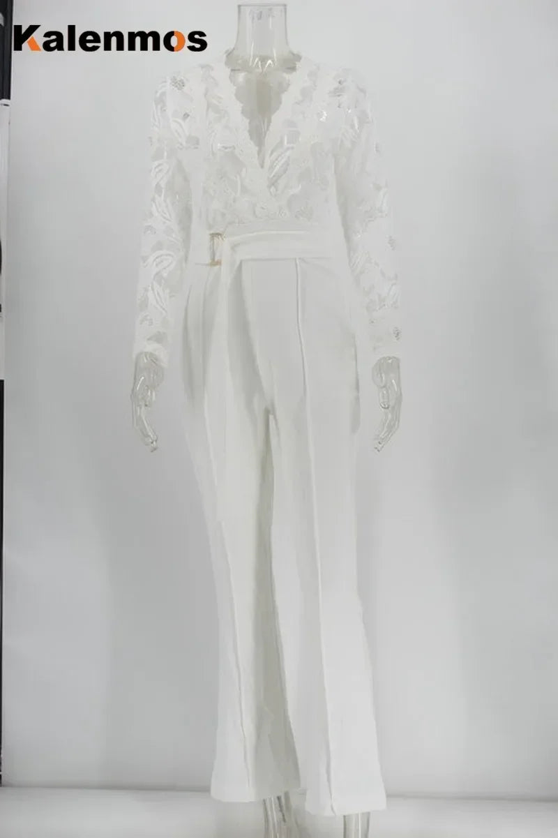 Weißer Overall Damen, elegant, Spitze, lang, Einteiler, hohe Taille, Federn, Y2k, sexy, Hochzeitsfeier, Abend, Jumpsuit