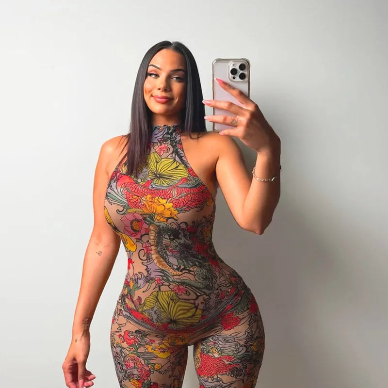 Blumendruck Sommer Caprihosen Jumpsuits Damen Sexy Ärmellose Schnürung Neckholder Rückenfrei Geraffte Peach Hips Slim Rompers