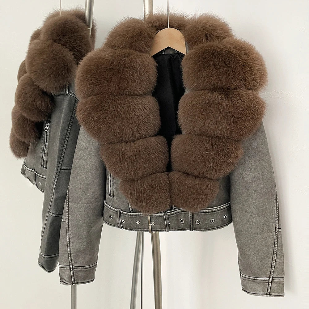 OFTBUY Natural Fox Fur Faux Leather Jacket Female New Autumn Short Top Clothing Women Long Sleeve Fake Leather Real Fur Coat