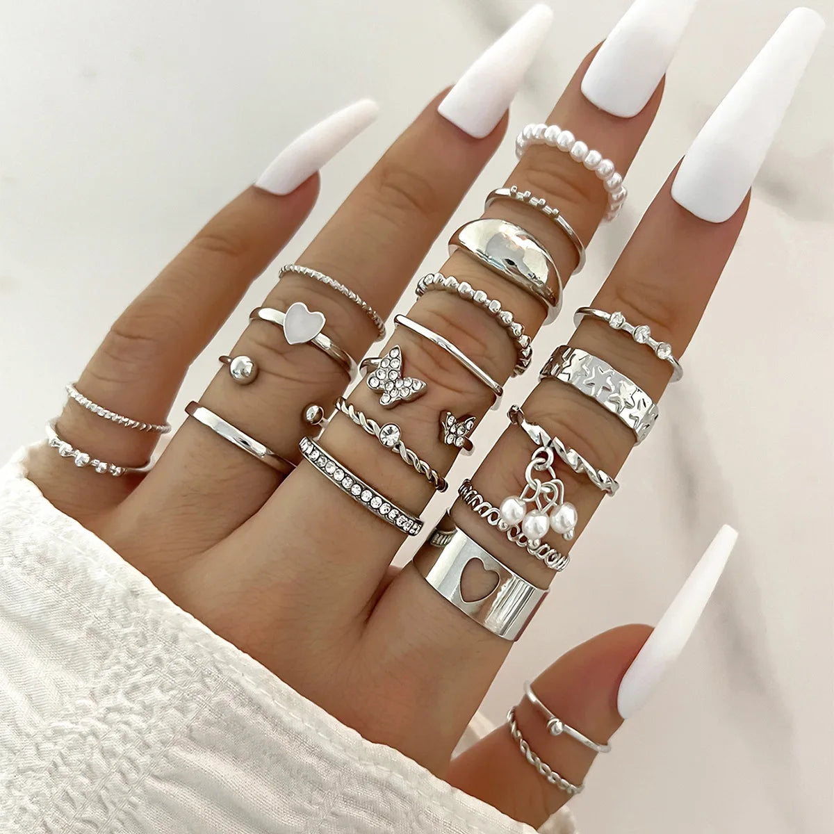 Silver Color Geometric Knuckle Rings Set For Women Eye Cross Sun And Moon Leaf Charm Finger Ring Female Boho Party Jewelry