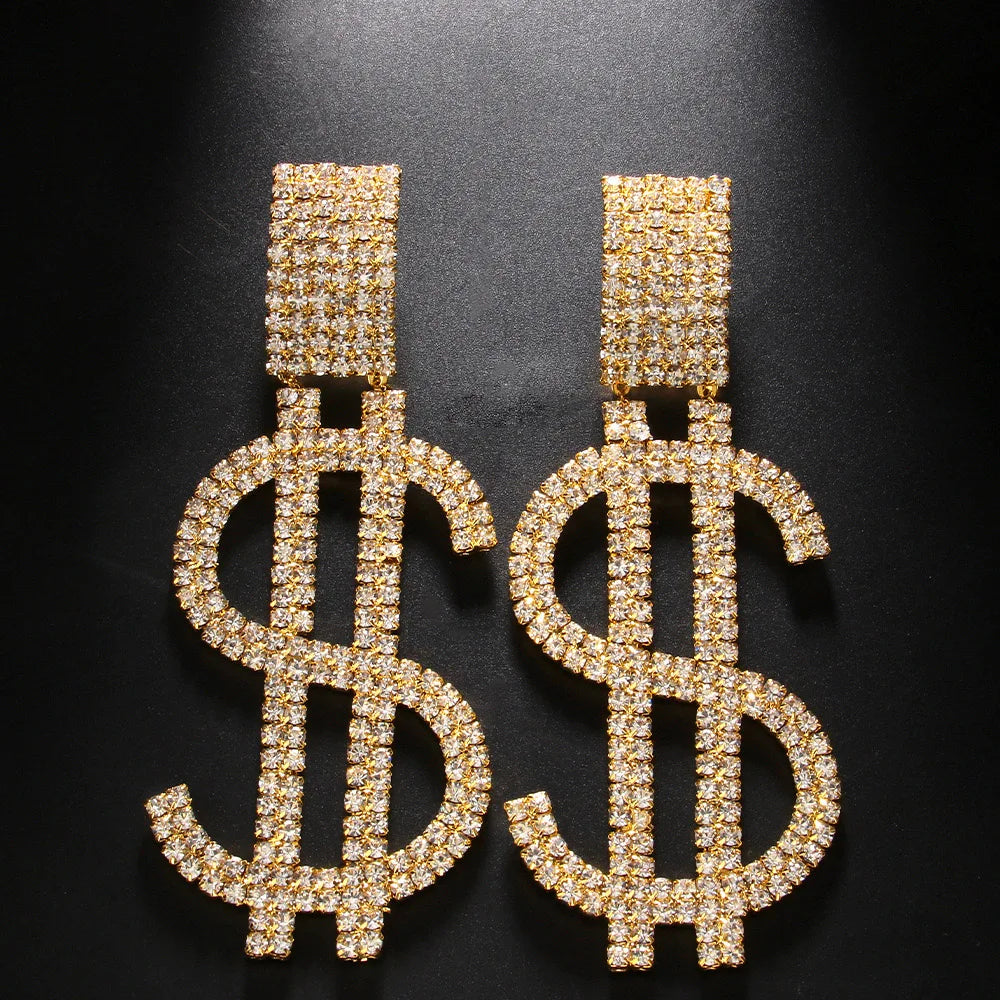 Elegant Large Crystal Exaggerated Dollar Earrings Party Accessories Statement Lady Money Rhinestone Dangle Earrings Jewelry Gift