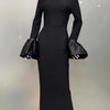 STOCK Shining Diamonds Neck Flare Sleeve Black Long Bandage Dress Elegant Woman Evening Party Dress Cocktail Party Outfit