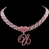 Hip Hop Bling Pink Crystal Cursive Initial Letter Cuban Necklace for Women Iced Out Paved Cuban Chain Necklace Choker Jewelry