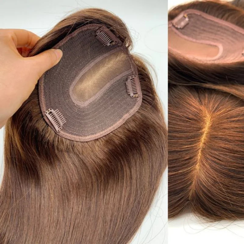 Women Toupee Silk Base Topper Clip In Real Human Hair Wigs Hairpiece With Bangs Straight Hair Toppers For Women Hair Extensions