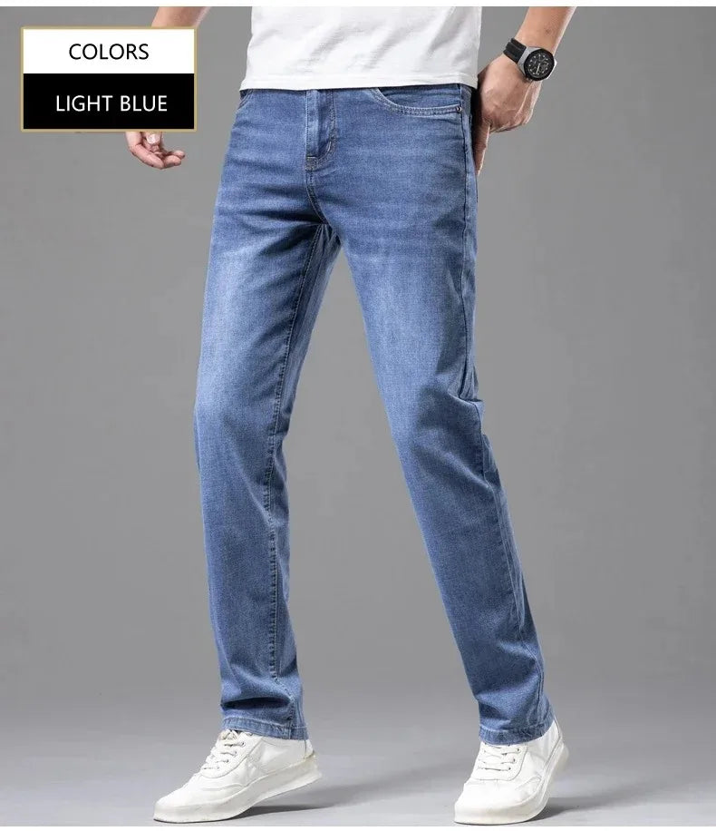 Sommer elastische Herrenjeans Mode Grau Bequeme Business Straight Stretch Baumwolle Casual Denim Hose Marke Männliche Dünne Hosen
