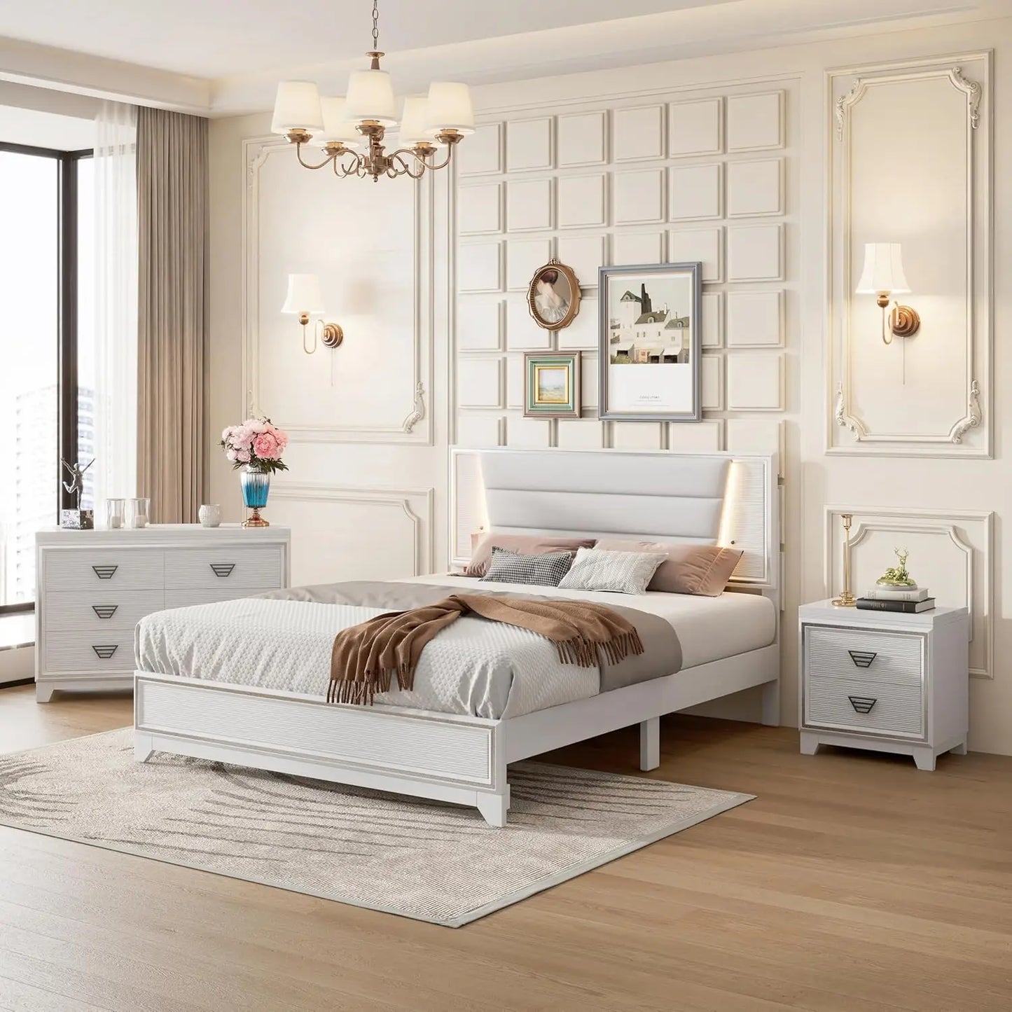 3-teiliges Schlafzimmerset Queen-Size Polsterbett mit LED-Beleuchtung, Nachttischen, 3-teiliges Schlafzimmermöbel-Set aus Holz, Weiß