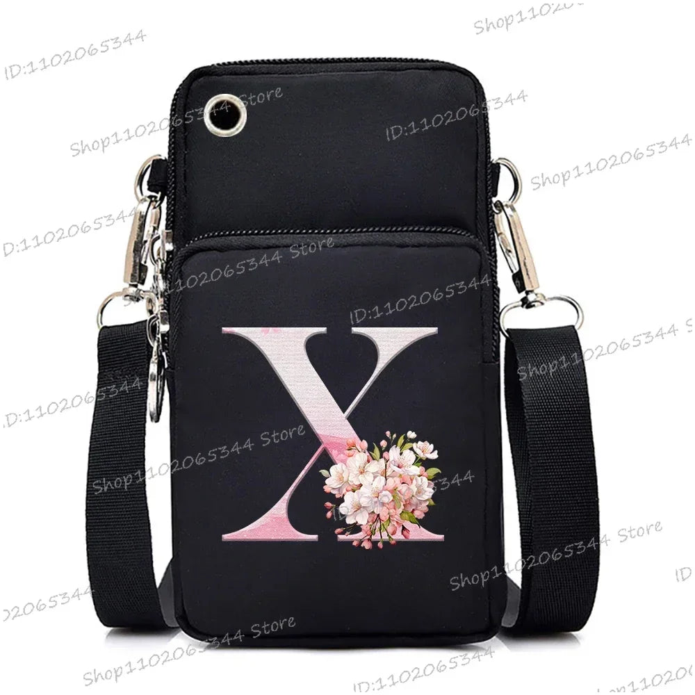 Damen Kuriertasche Kleine Handtasche Umhängetasche Geldbörse für Handy Sakura 26 Alphabet-Druck Münzgeldbörse Damen Kartenhalter