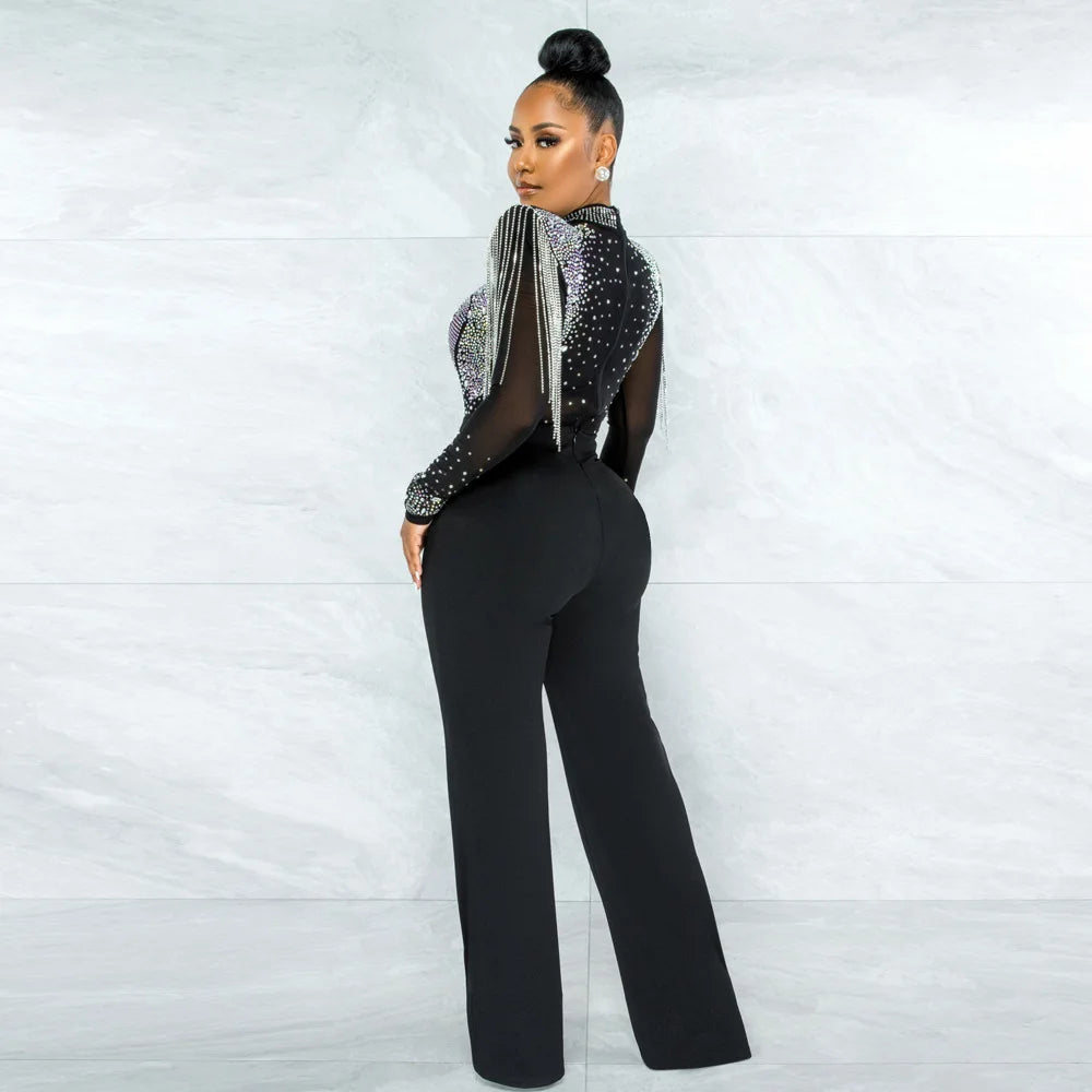 Women Jumpsuit Solid High Collar Hot Drill Mesh Shoulder Cotton Long Sleeves Long Straight Jumpsuit Sexy Party Outfits