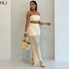 HLJ Casual Crochet Knit Women 2 Piece Outfits Strapless Bandeau Crop Top + Tassel Mesh Wide Leg Pants Matching Streetwear Summer