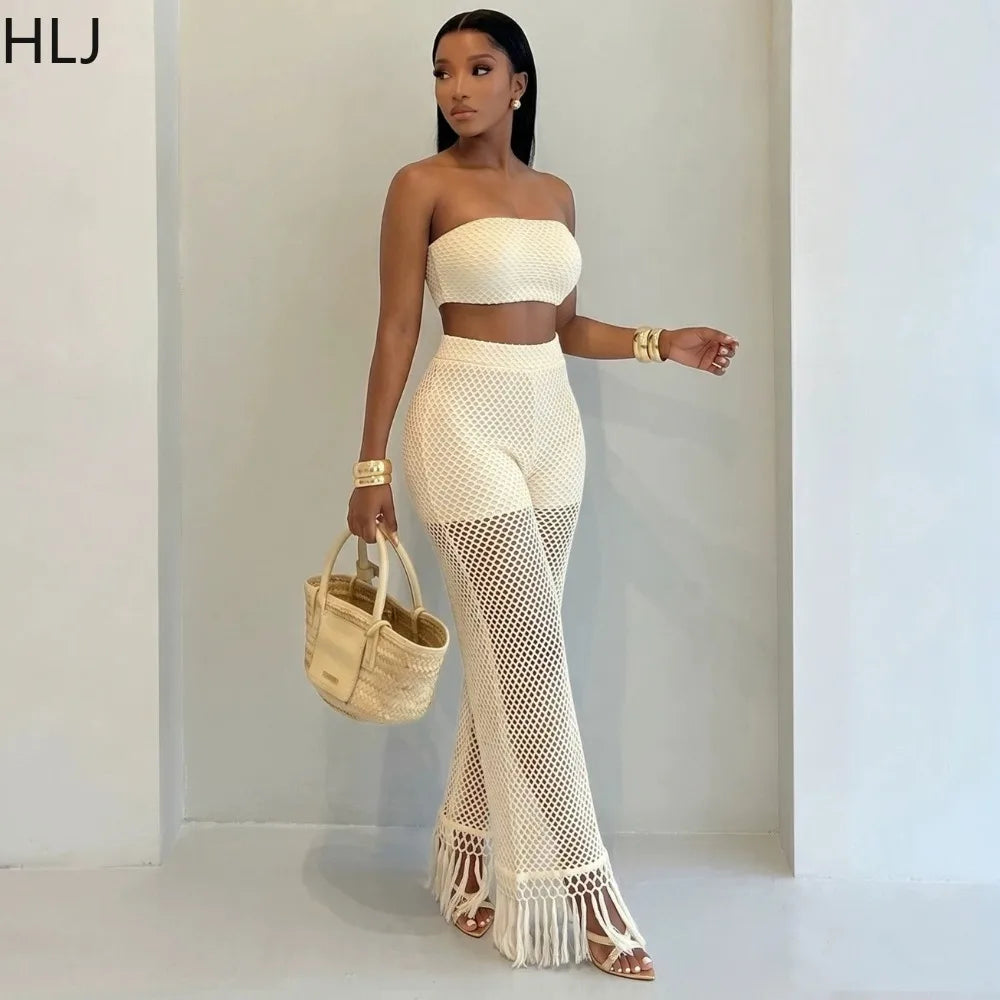 HLJ Casual Crochet Knit Women 2 Piece Outfits Strapless Bandeau Crop Top + Tassel Mesh Wide Leg Pants Matching Streetwear Summer