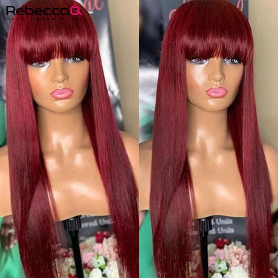 Tragen Sie 99J Perücke Burg Rot Knochenglatt Echthaar Perücke mit Pony für Frauen Brasilianisches Remy-Haar Gefärbte Halloween Cosplay Perücken