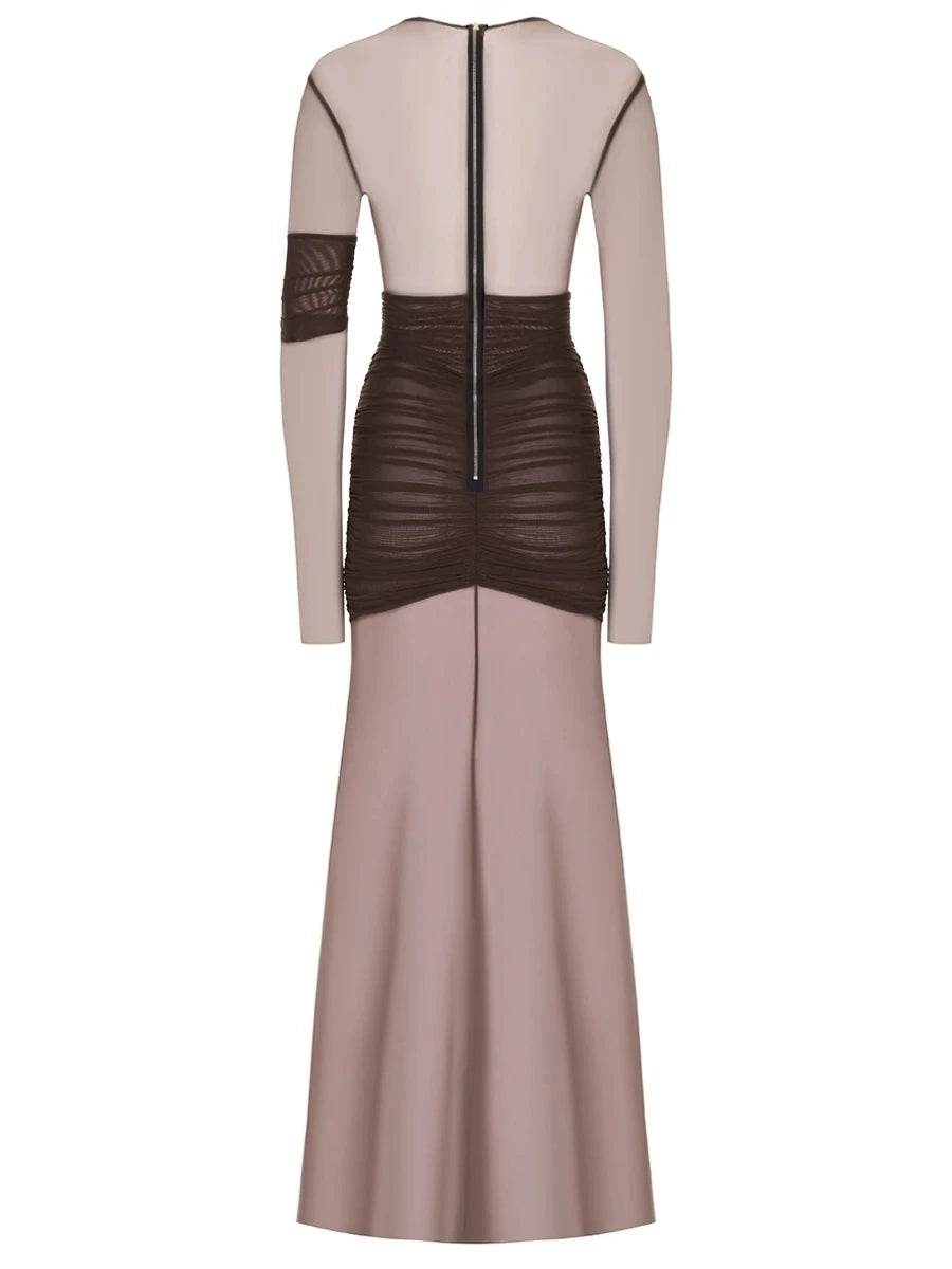 Articat Elegantes Mesh-Patchwork Langarm-Bodycon Party Club Abendkleid Sexy Doppellagiges Perspektivkleid Herbstkleidung