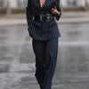 Modigirl 2025 New Blazers for Women Fall Spring Outerwear V-Neck Long Sleeves Striped Urban Ladies Clothing Jacket with Belt