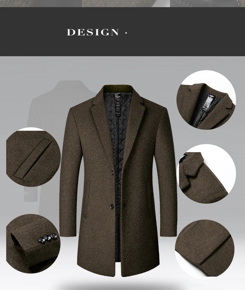 BROWON Brand Trench Coat Men Autumn and Winter New Solid Color Long Woolen Coat for Men Business Casual Windbreaker Men Clothing