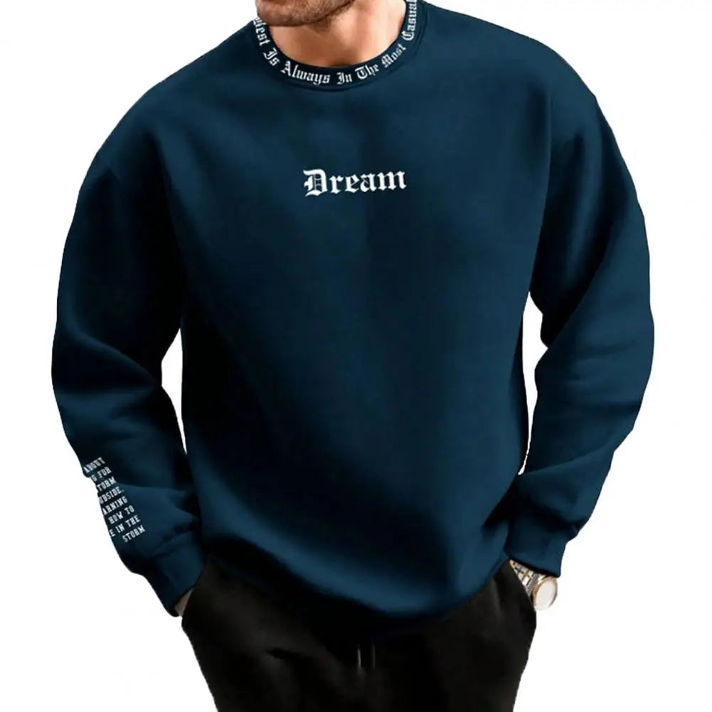 Men Fall Winter Sweatshirt Round Neck Long Sleeve Men Top Letter Print Thick Loose Warm Mid Length Men Casual Top
