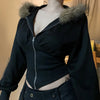 BIIKPIIK Pelzkragen Kapuzenmäntel für Damen Lässiger Reißverschluss Slim Hoodies Einfache All-match Schwarz Harajuku Mantel Herbst Winter Sweatshirts