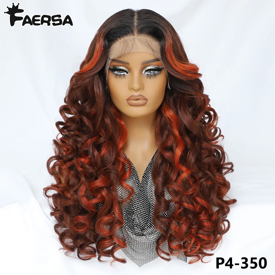 Latisha 13X6 HD Synthetische Spitzenfrontperücke lockig vorgezupfte Lace-Frontal-Perücke mit Pony für Damen, Highlights mit Babyhaar, 24 Zoll