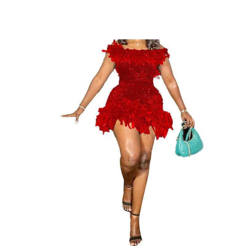 Damen Partykleid Ärmellos Glänzende Pailletten Feder Abendkleid Sexy schulterfrei rückenfrei Mini Formelle Ballkleider HXY8
