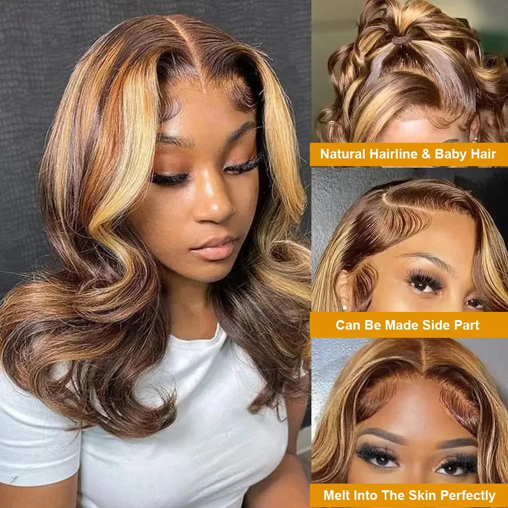 Highlight Body Wave Bob Perücke Echthaar Lace Front Echthaarperücken für Frauen Honigblond 13X6 Transparente Lace Frontal Perücke