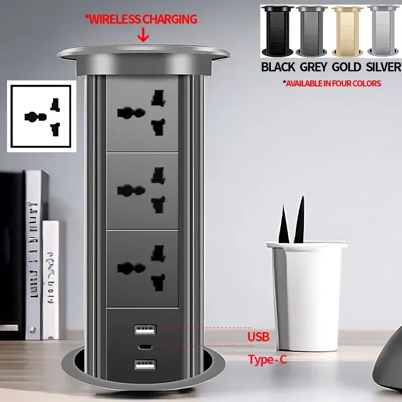 Motorized Lifting Pop Up Tower Power Outlet Hidden Mounted Kitchen Worktop USB Type C Socket with Speaker Wireless Charging
