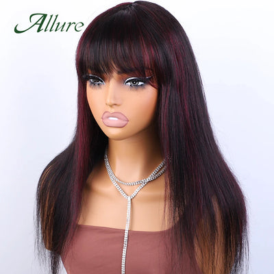 Brasilianische Echthaar-Glattperücken für Frauen, Ombré, klebstofffrei, mit Pony, 180 % Dichte, burgunderfarbenes Haar, lange Perücken Allure