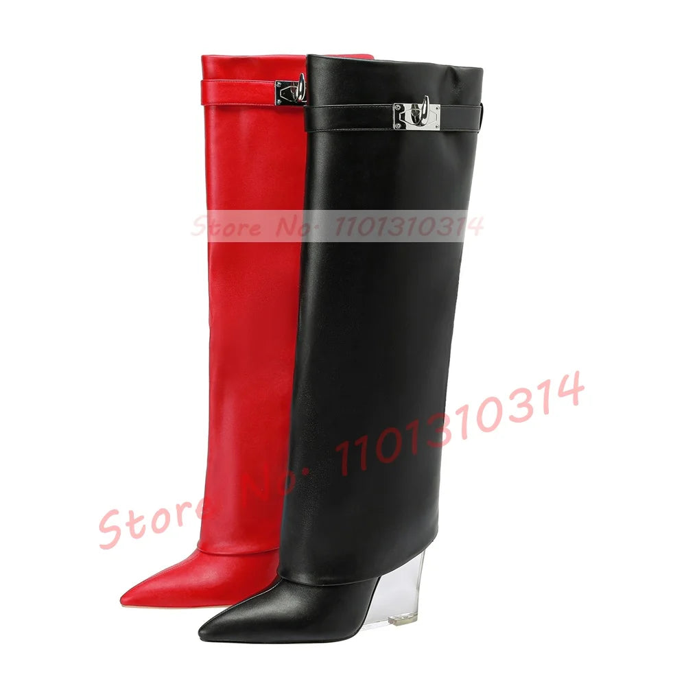 Transparent Wedge Knee-high Boots Women Pointy Toe Winter Fashion Metal Decor Foldover Shoes Ladies Streetwear Clear Heel Boots