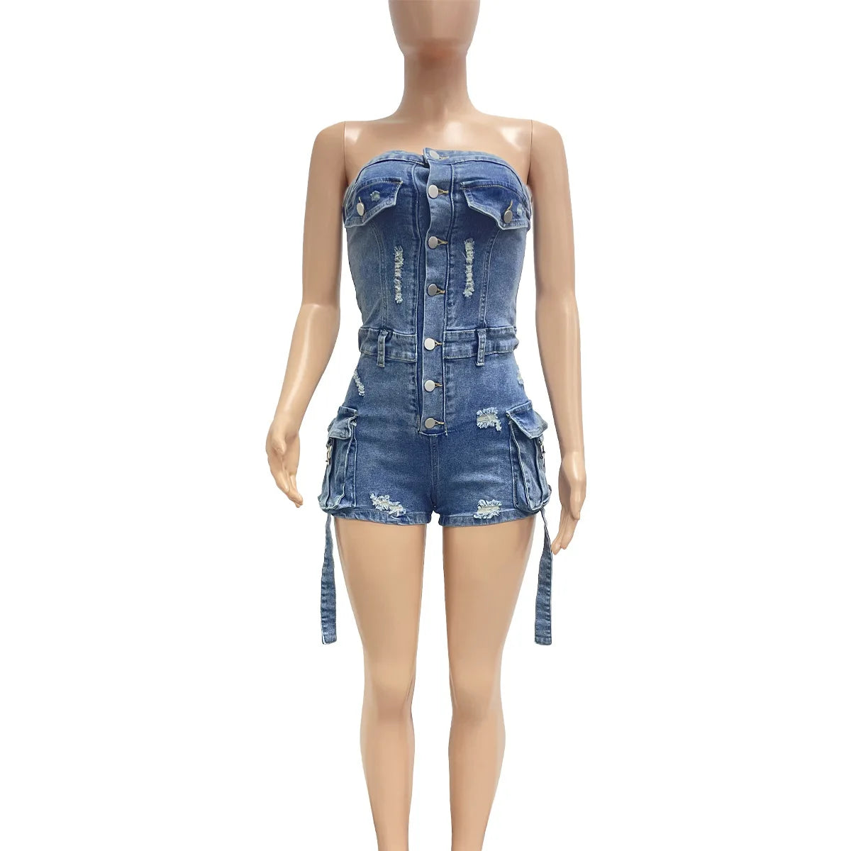 HLJ&GG Blauer sexy Denim Pocket Cargo Bodycon Romper Damen schulterfrei ärmellos rückenfrei schmaler Jumpsuit Fashion Cowboy Playsuit