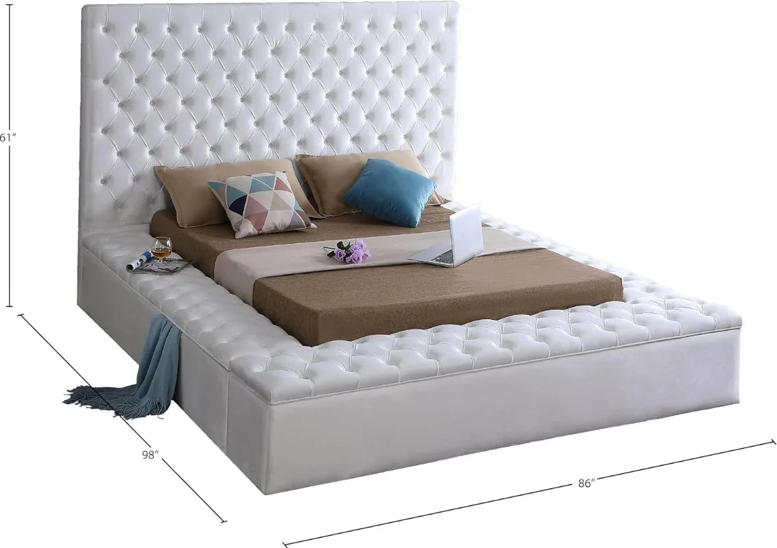 Bliss Collection Modernes Polsterbett aus Samt mit tiefer Knopfheftung und Staufächern, Weiß, Queen