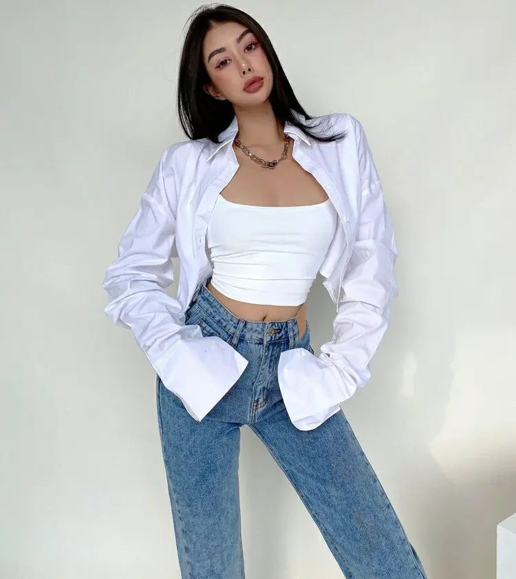 Zadily 2025 Summer Korean Style Long Sleeve White Shirt Women Sexy Button Ladies Crop Tops Blouse Street New In Female Clothing