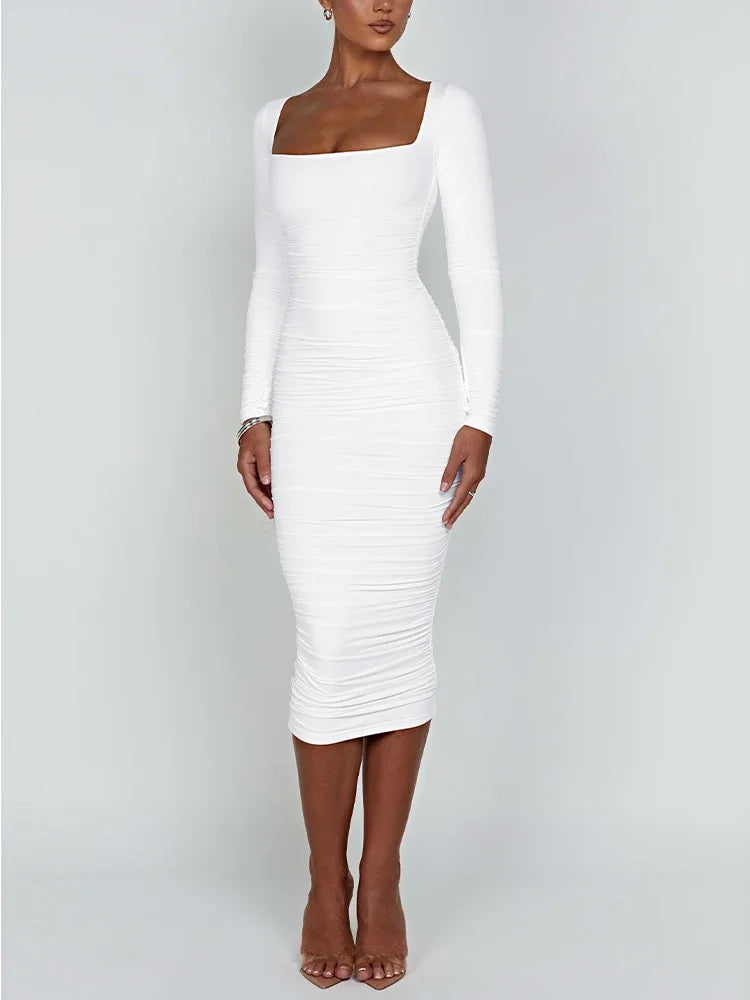 Herbst und Winter Damen Sexy Bodycon Kleid Quadratischer Ausschnitt Langarm Abendkleider für Damen