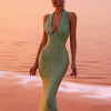 Sexy Neckholder Maxikleid mit tiefem V-Ausschnitt, Pailletten, Damen, Grün, Ärmellos, Rückenfrei, Pailletten, Schlankes langes Kleid, Celebrity Partykleider
