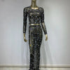 Festival-Outfit Damen High-End-Mode Nude-farbenes Strass-Mesh-Langarm-Crop-Top mit Rundhalsausschnitt und lange Röcke Gala zweiteiliges Set