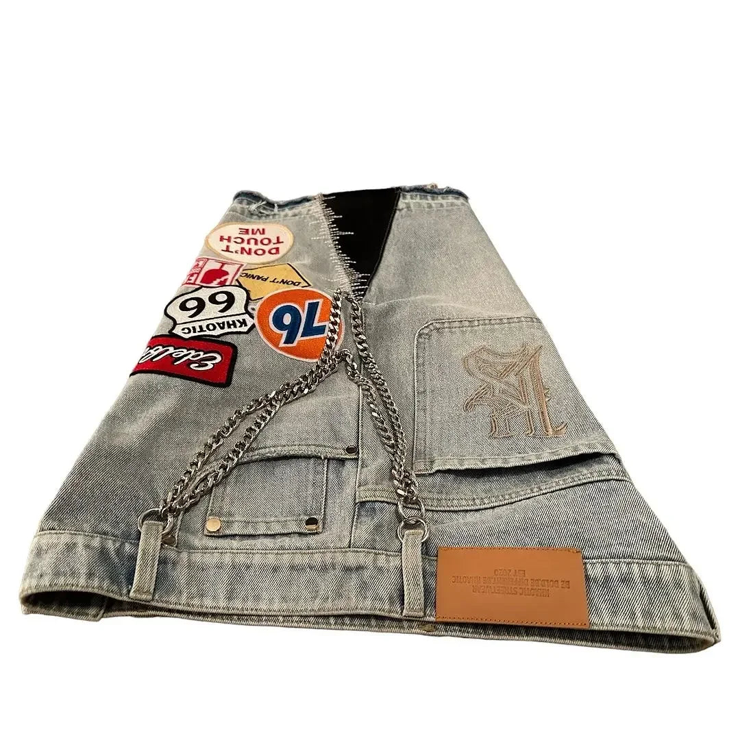 Retro Blaue Streetwear Patchwork Denim Shorts Y2K Jeans Herren Damen Hip Hop Cartoon Grafiken Lose Camo Denim Fitness Freizeit Shorts